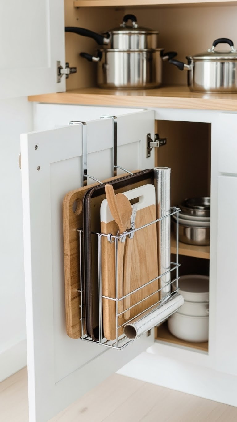 Over-the-door cabinet organizer holding cutting boards, baking sheets, and spatulas in white cabinet interior