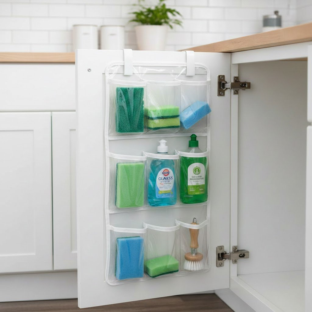 Over-the-door organizer with clear plastic pockets storing cleaning supplies on white cabinet door