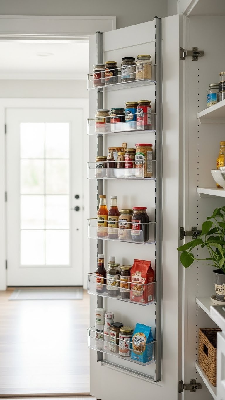 Proven Narrow Pantry Ideas: Essential Solutions For Small Kitchens 5 Over-the-door pantry organizer on a narrow kitchen door, neatly filled with spice jars and condiments, for efficient storage.