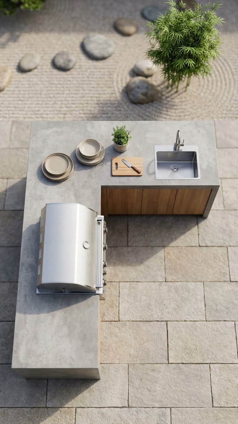 Outdoor Kitchen Japandi Design Guide For Serene Living 5 Overhead view of L-shaped Japandi outdoor kitchen with built-in grill, sink, and uncluttered concrete countertop