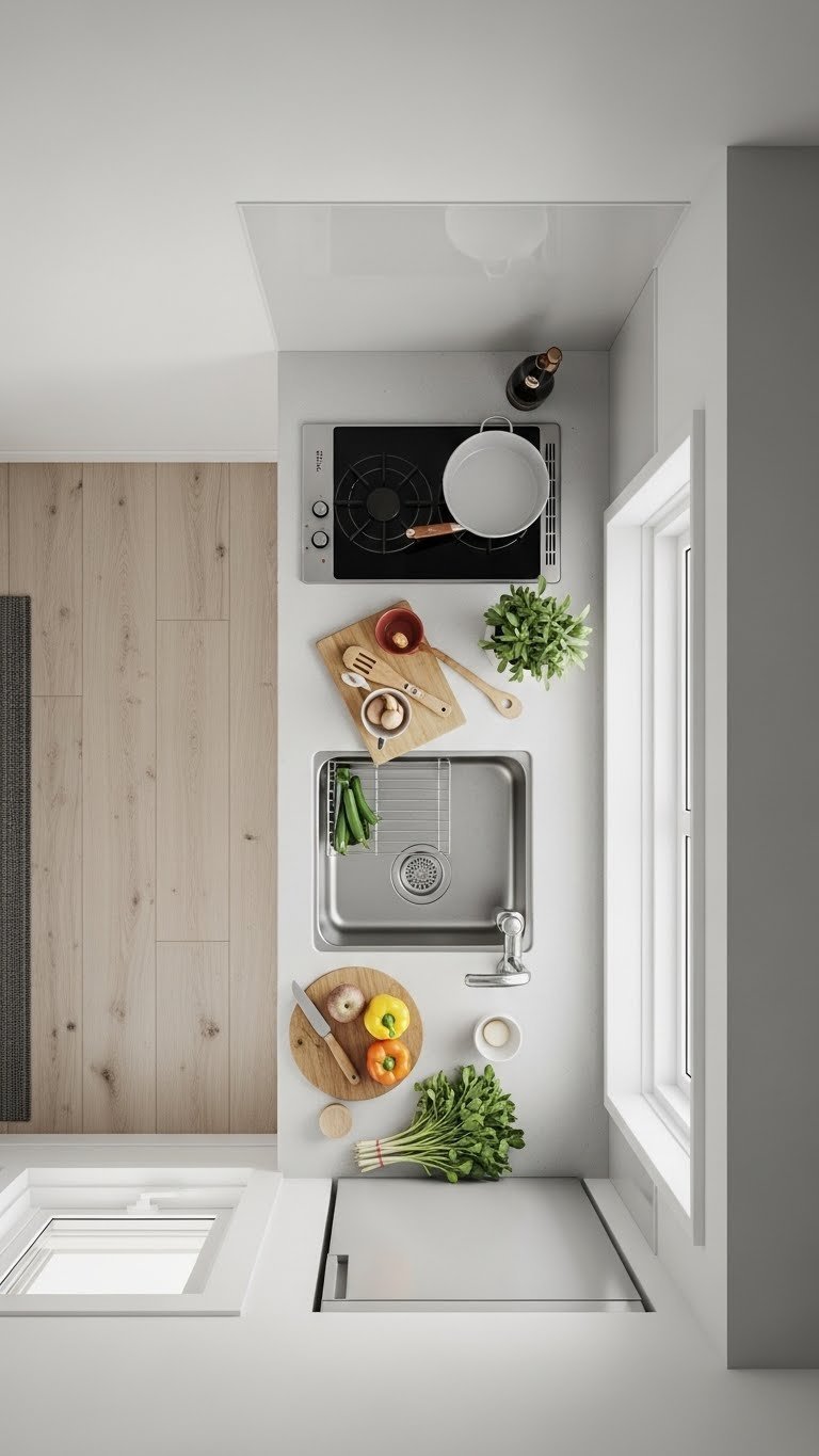 Overhead view of narrow kitchen layout showing efficient work triangle between sink, refrigerator, and cooktop