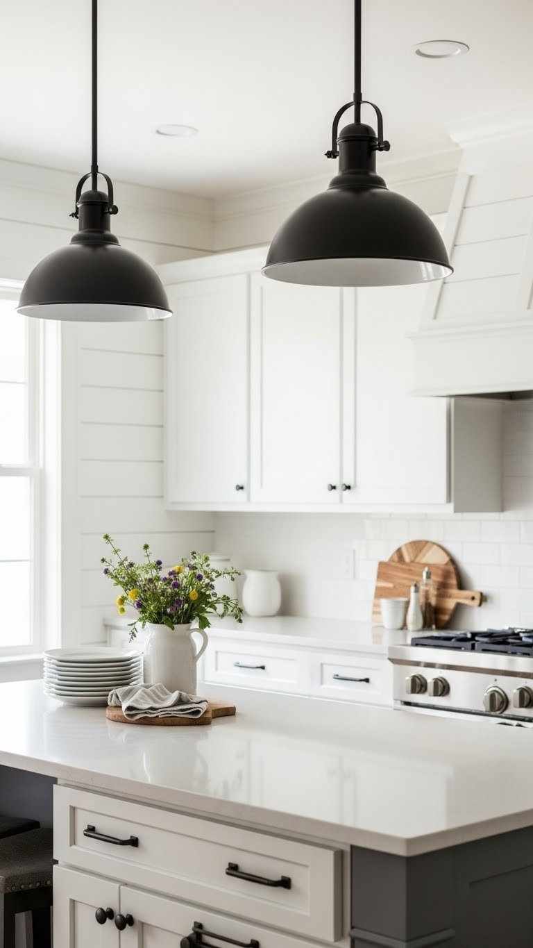 Oversized matte black pendant lights over kitchen island complementing sleek cabinet hardware on white shaker cabinets.