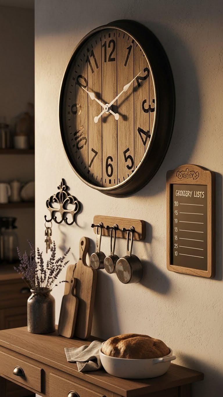 Oversized rustic wall clock with distressed wooden face surrounded by functional decor on textured kitchen wall