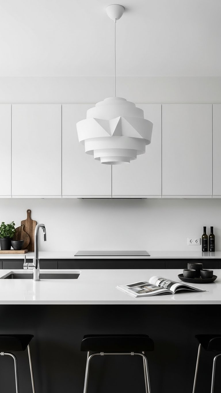 Oversized sculptural white pendant light over dark charcoal gray kitchen island in minimalist Scandinavian kitchen