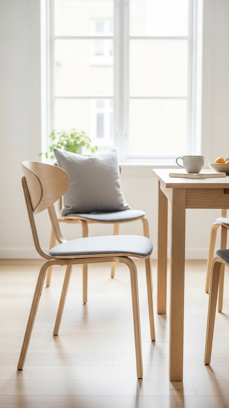 Pair of ergonomic scandi dining chairs with supportive curves placed beside light wood table in minimalist dining area with throw pillow.