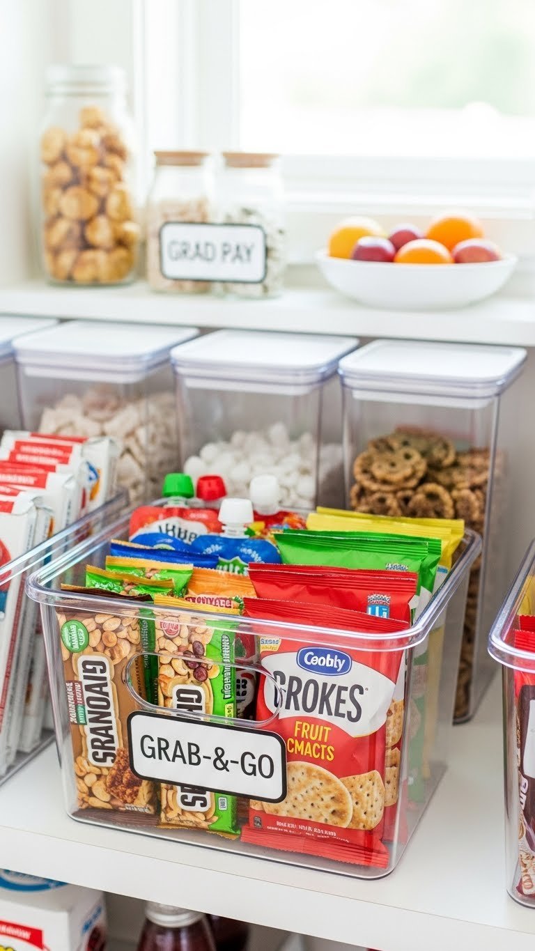 9 Genius Kitchen Pantry Storage Ideas To Organize Everything 13 Pantry 'grab-and-go' snack station with labeled bins of individually portioned granola bars and chips, offering easy, accessible organization.