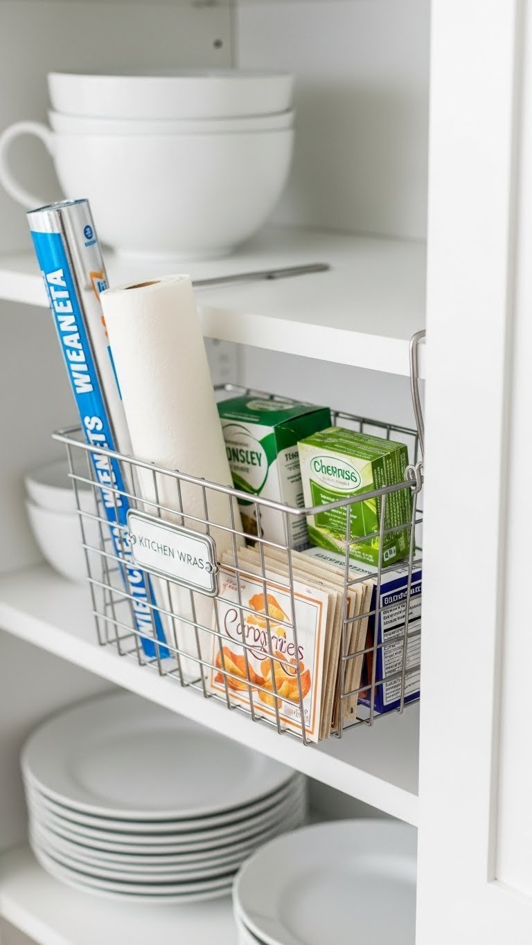 9 Genius Kitchen Pantry Storage Ideas To Organize Everything 15 Pantry shelf with an under-shelf wire basket organizing kitchen wraps and tea boxes, efficiently utilizing previously unused space below.