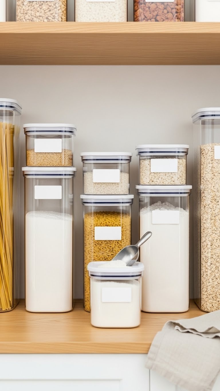 9 Genius Kitchen Pantry Storage Ideas To Organize Everything 7 Pantry shelf with uniform clear airtight food storage containers for dry goods like pasta and rice, neatly arranged with minimalist labels.