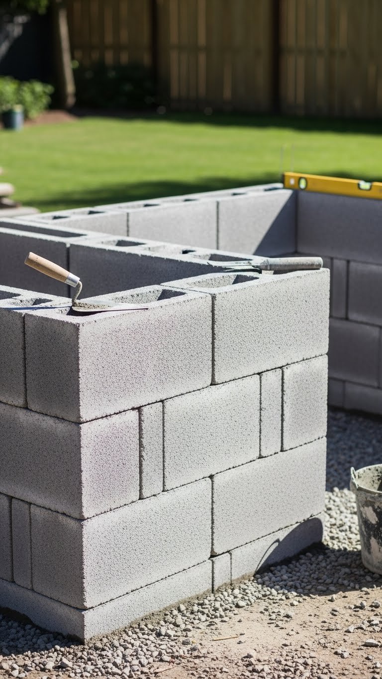 Partially constructed outdoor kitchen frame using gray concrete blocks on gravel base with construction tools visible