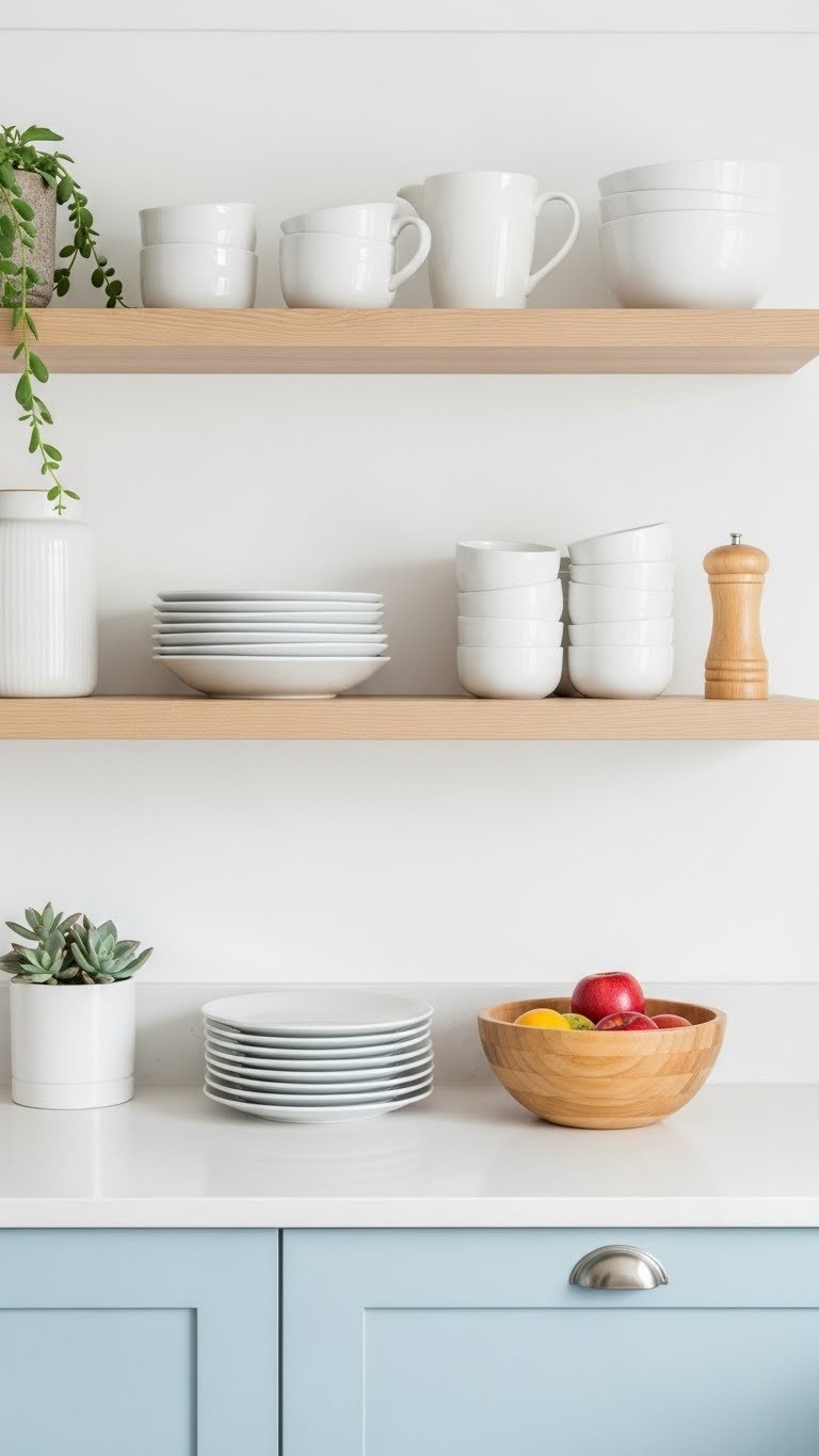 Pastel blue Scandi kitchen with light wood open shelving displaying minimalist white ceramic kitchenware