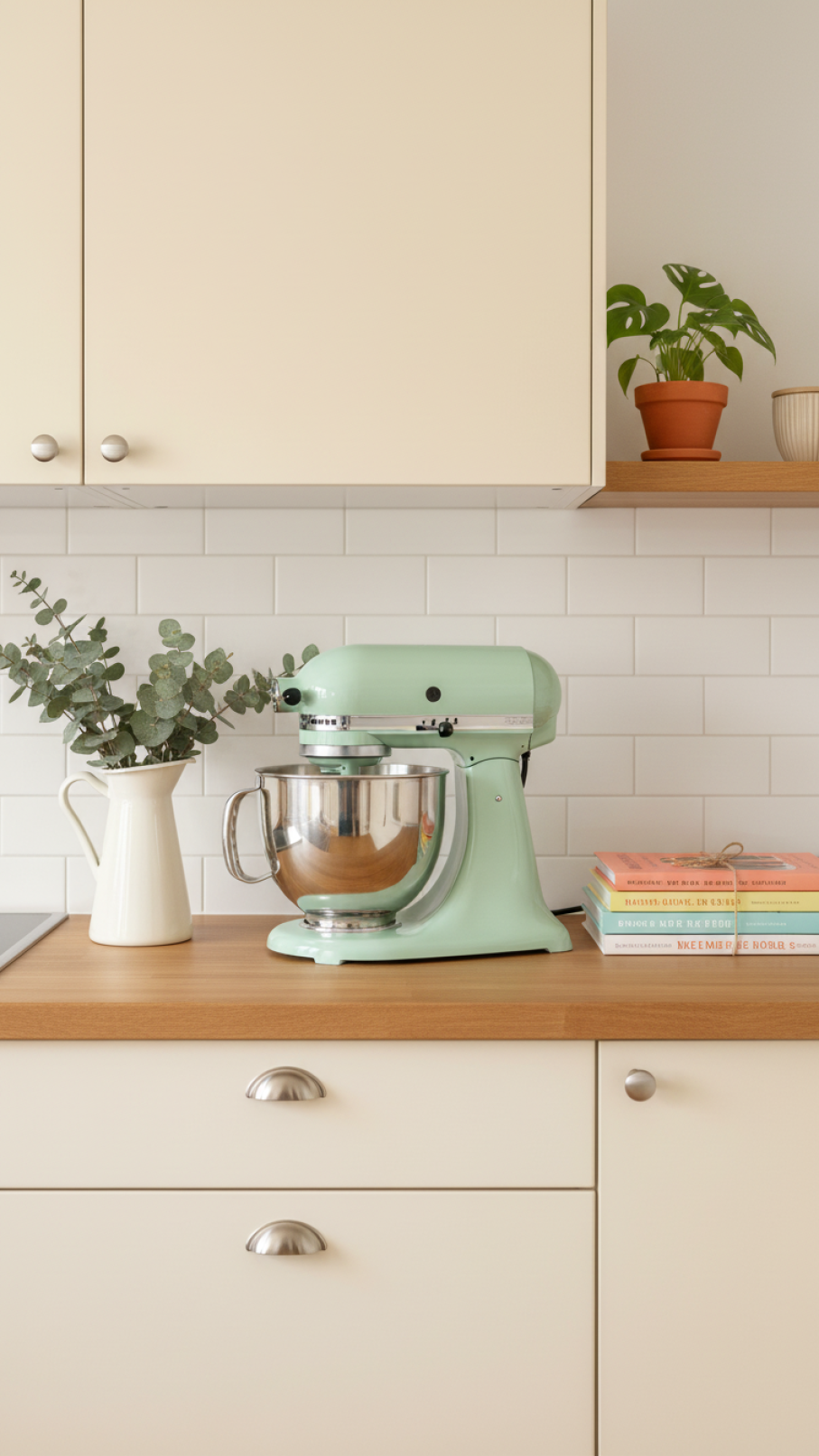 Pastel blue retro refrigerator as focal point in clean minimalist scandi kitchen design
