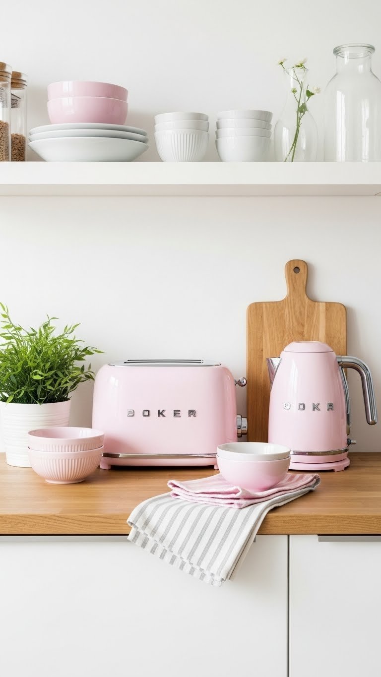 Pastel pink kitchen appliances and accessories arranged on light wood countertop in neutral kitchen