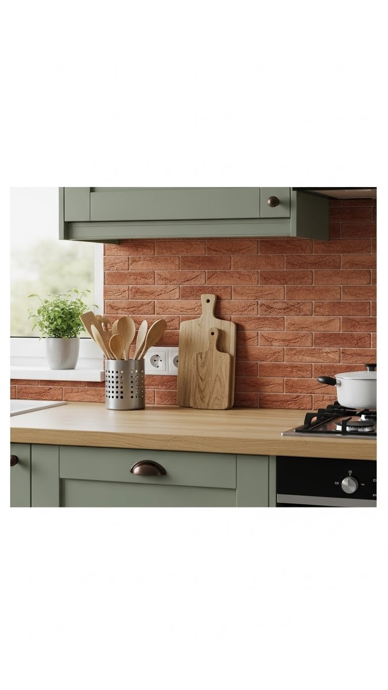 Peel-and-stick faux brick backsplash in warm terracotta tones with grout lines and rustic metal utensil holder on wooden countertop.