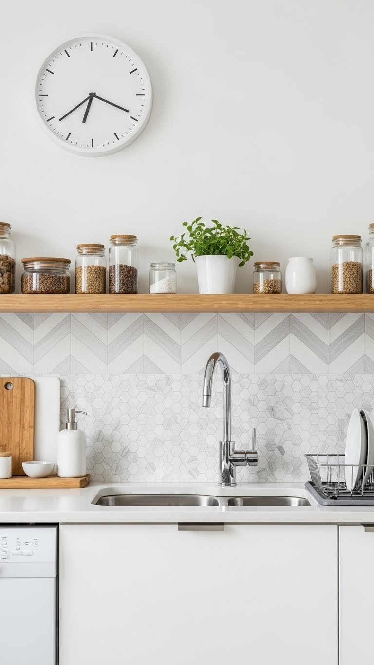 Peel and stick geometric pattern backsplash with neutral hexagon tiles behind kitchen sink area with soap dispenser
