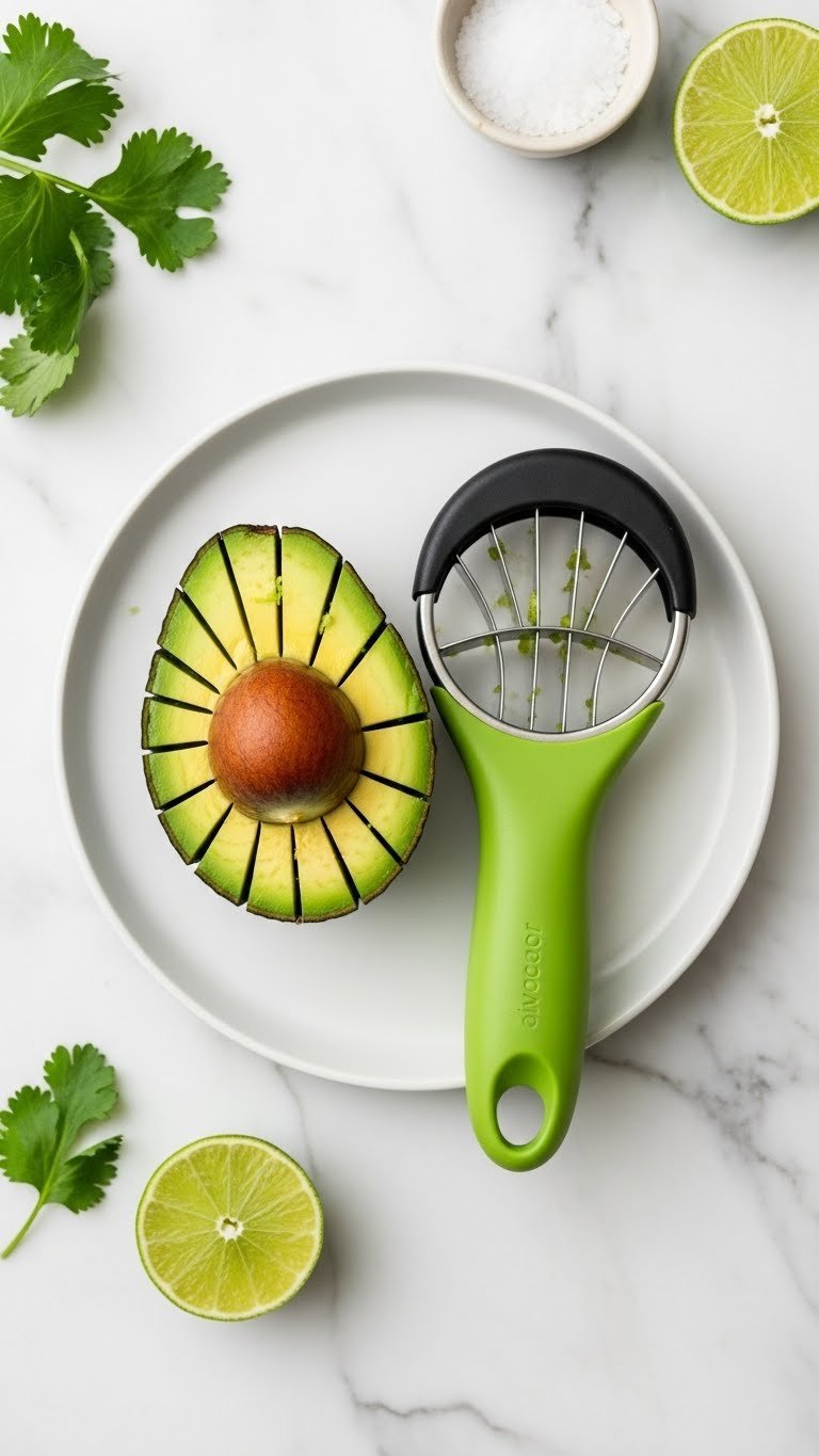 Perfectly sliced avocado half made with green 3-in-1 avocado slicer on white ceramic plate with lime wedge