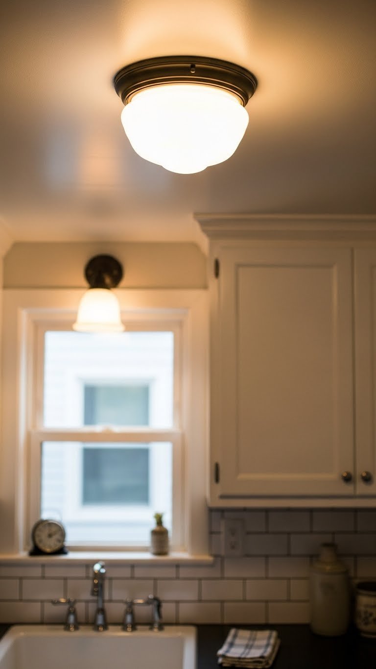Period-appropriate milk glass lighting fixture casting warm glow on white cabinetry in 1920s kitchen