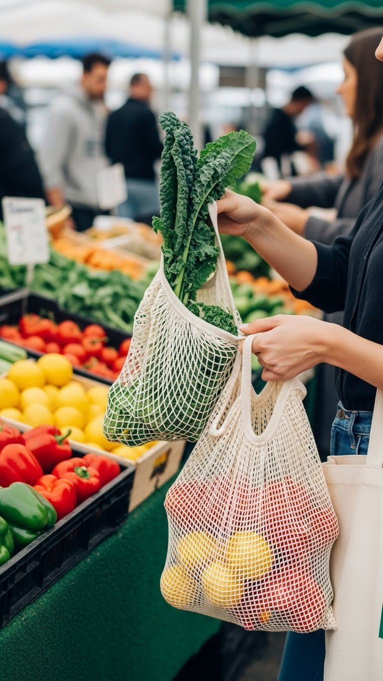 Eco Friendly Kitchen Gadgets: 9 Essential Swaps For 2025 13 Person placing fresh kale into transparent mesh produce bag at vibrant farmers market stall