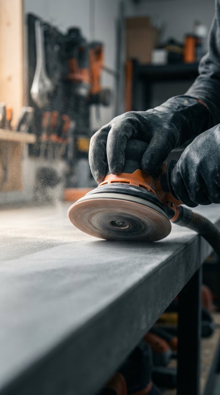 Outdoor Kitchen Concrete Countertops Complete Diy Guide 9 Person polishing concrete countertop with orbital sander wearing protective gear in workshop