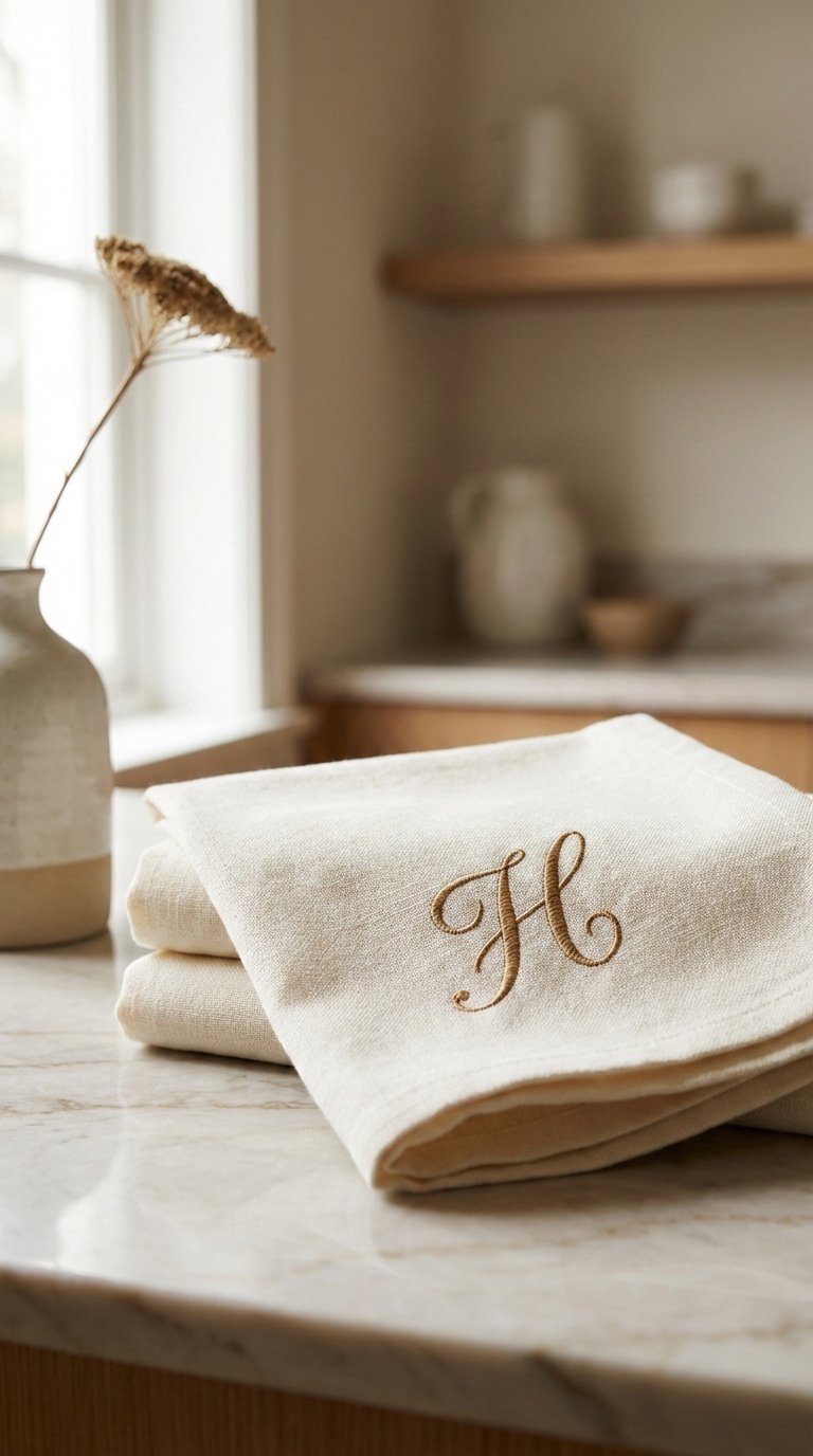 9 Kitchen Hand Towel Gift Ideas: Unique &Amp; Thoughtful 1 Personalized embroidered kitchen hand towels with monogram designs on marble countertop in natural window light.