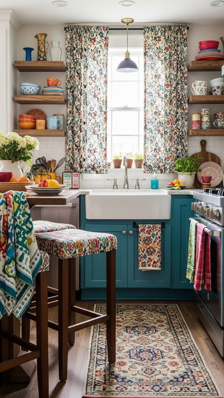 Personalized kitchen design with patterned textiles, colorful dish towels, and cozy furnishings in compact space