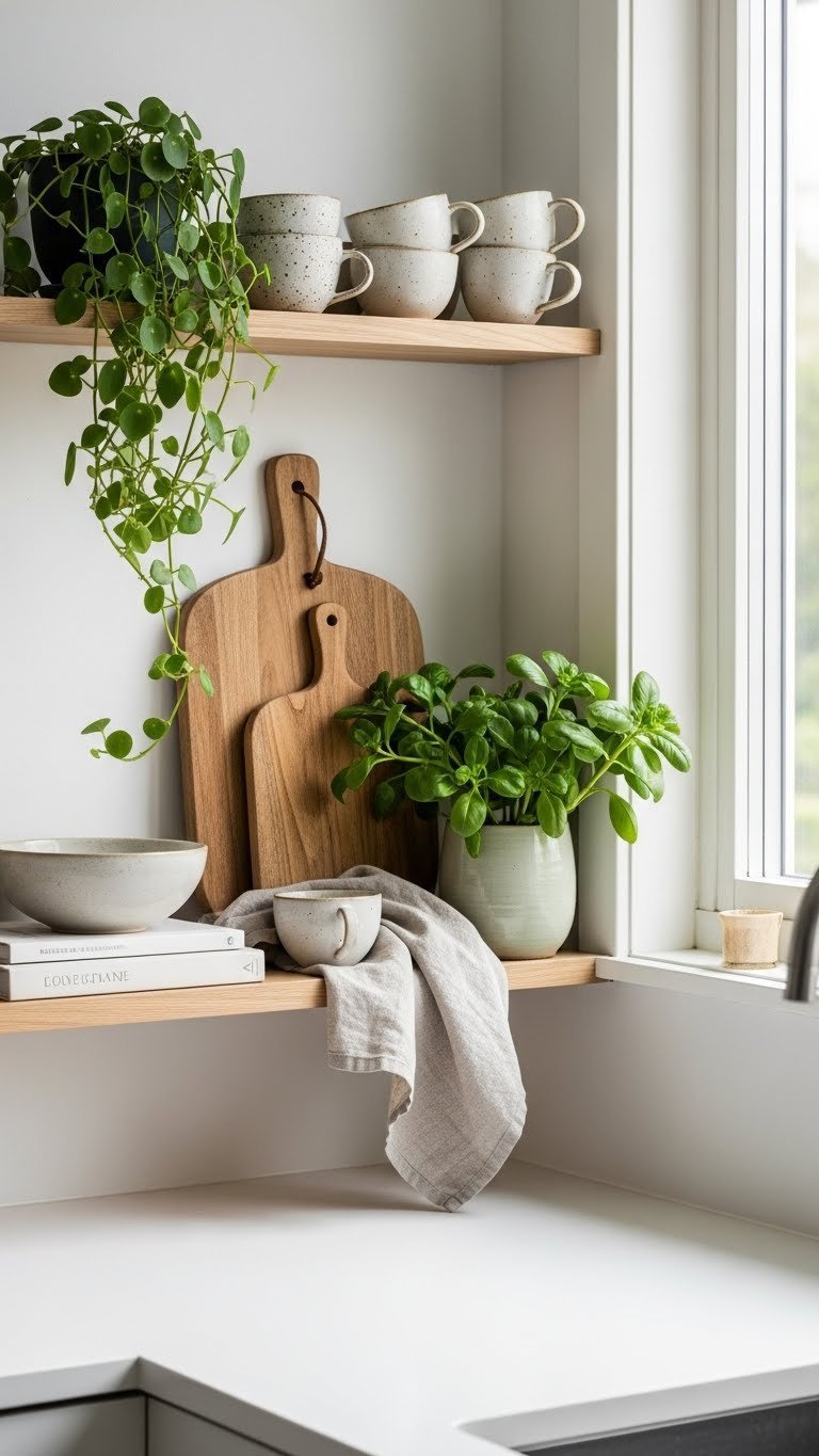 Personalized small scandi kitchen with handmade ceramic mugs and minimalist decor against clean white backdrop