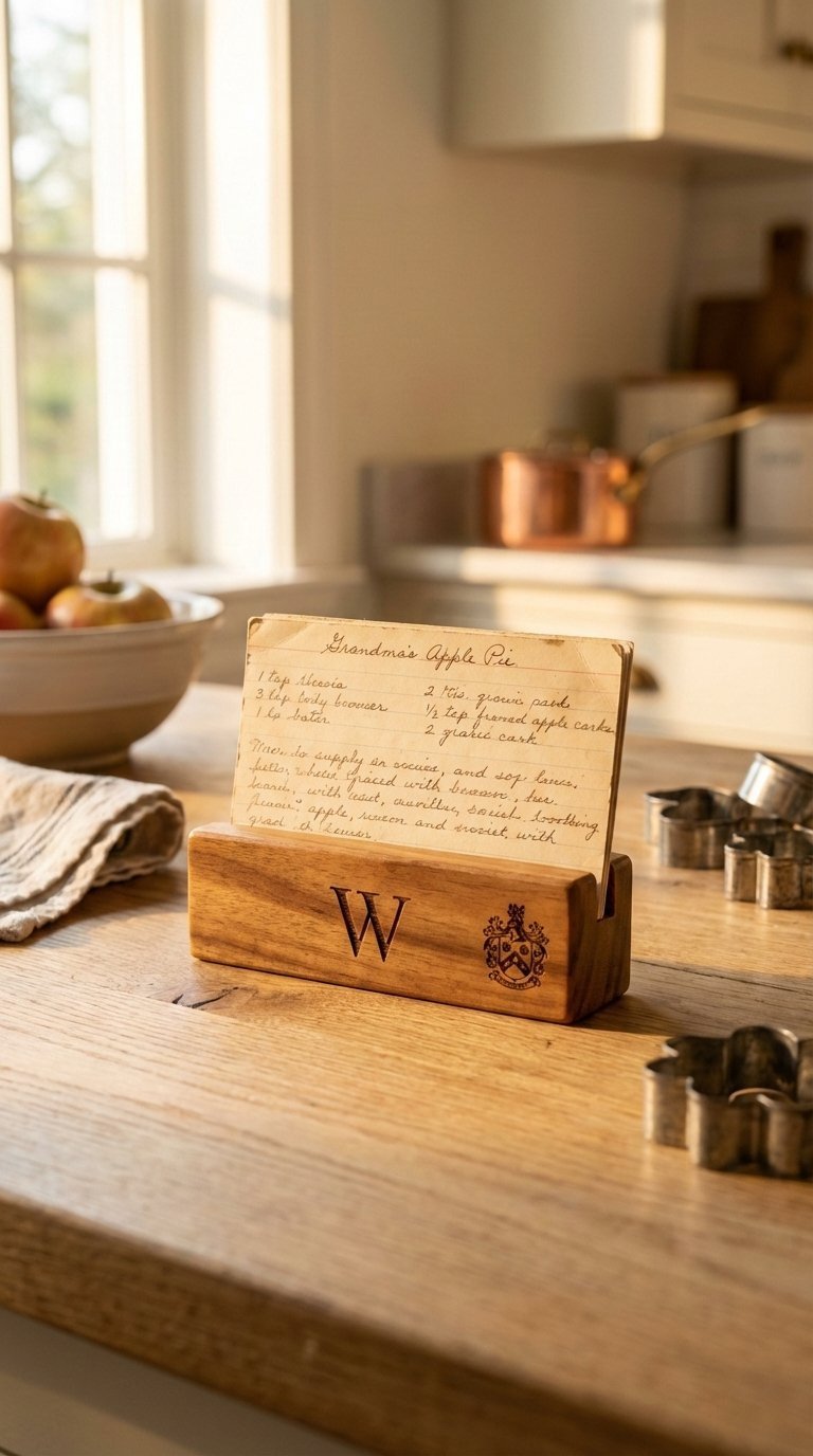 Personalized wooden recipe card holder with handwritten recipe on rustic kitchen table