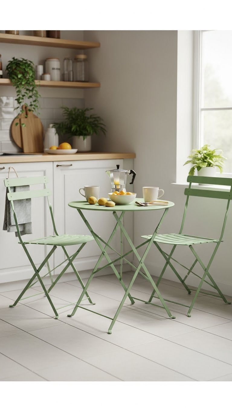 Petite bistro table with two compact chairs in bright kitchen corner, set for breakfast with coffee mugs and fruit