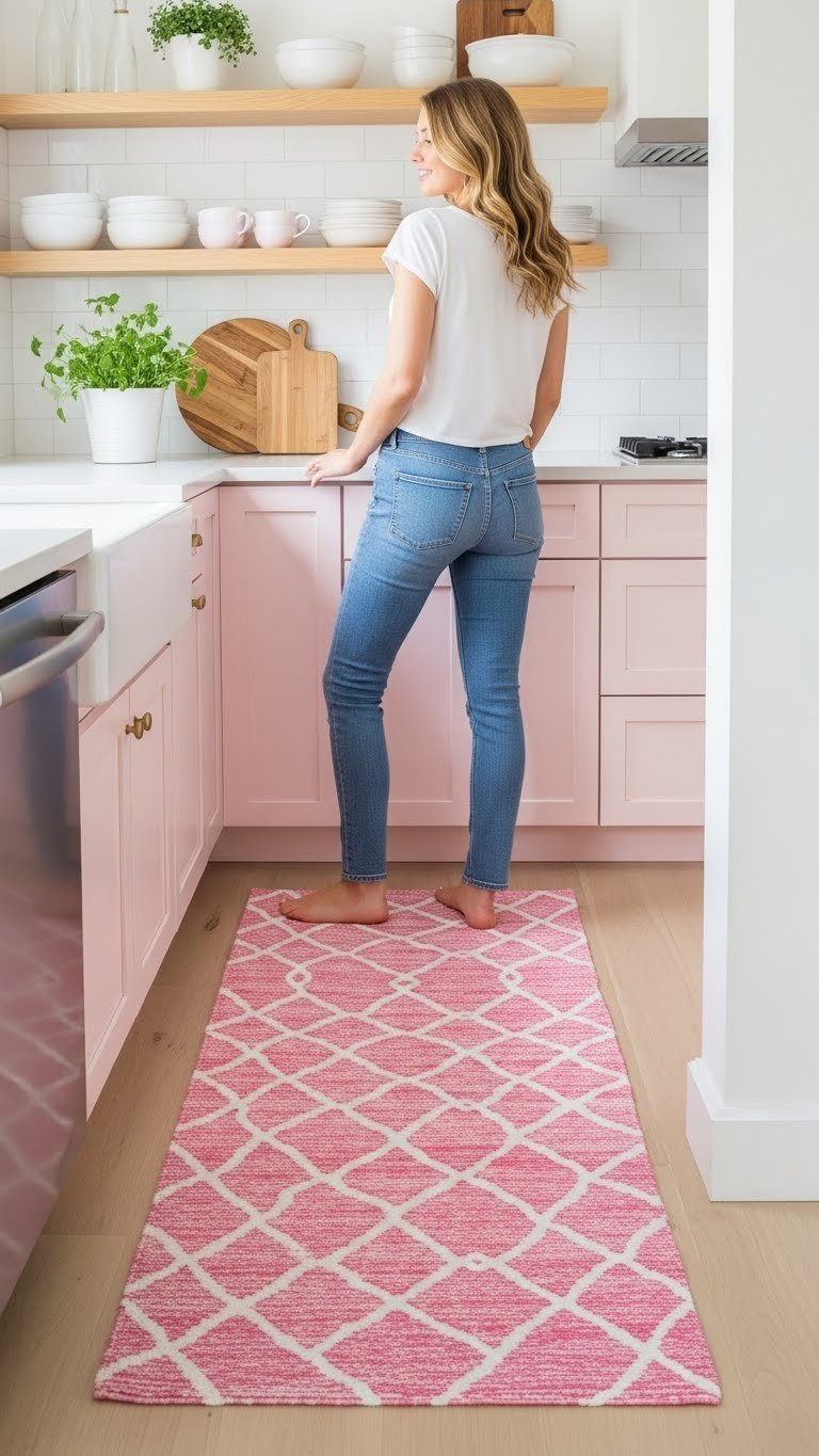 Proven Pink Small Kitchen Ideas: 9 Ways To Maximize Space 15 Pink and white patterned geometric kitchen runner rug on light wood floor with pink cabinets.