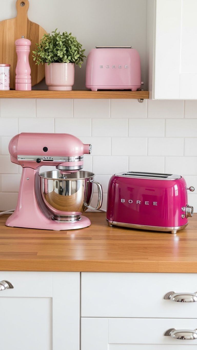 Dark Pink Kitchen Aesthetic: 7 Elegant Ideas To Try 13 Pink kitchen accessories: rose gold stand mixer, deep pink retro toaster on butcher block counter. Modern appliances, small plant.