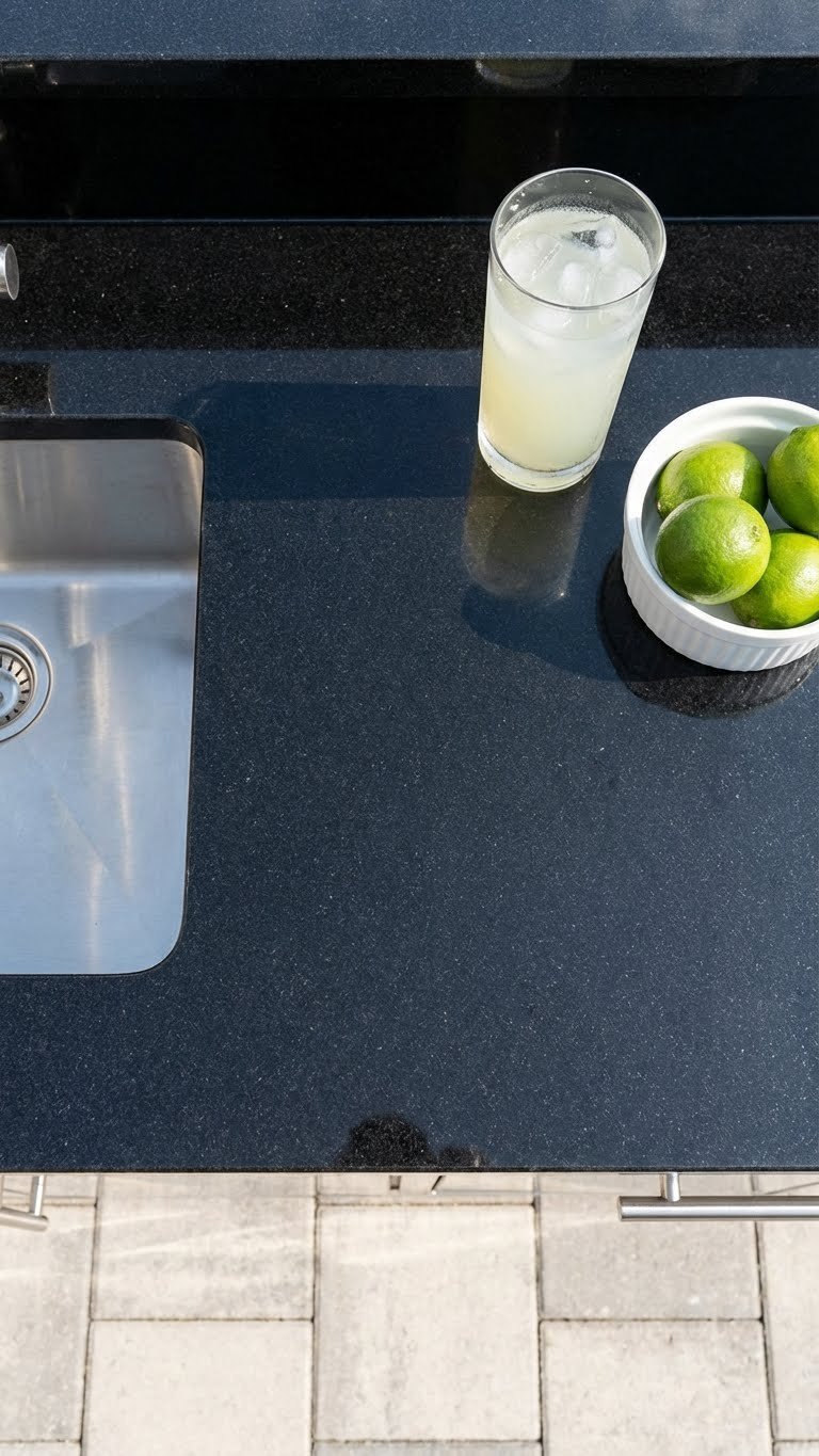 Polished black granite countertop with glass of lemonade and fresh limes in outdoor kitchen setting with undermount sink