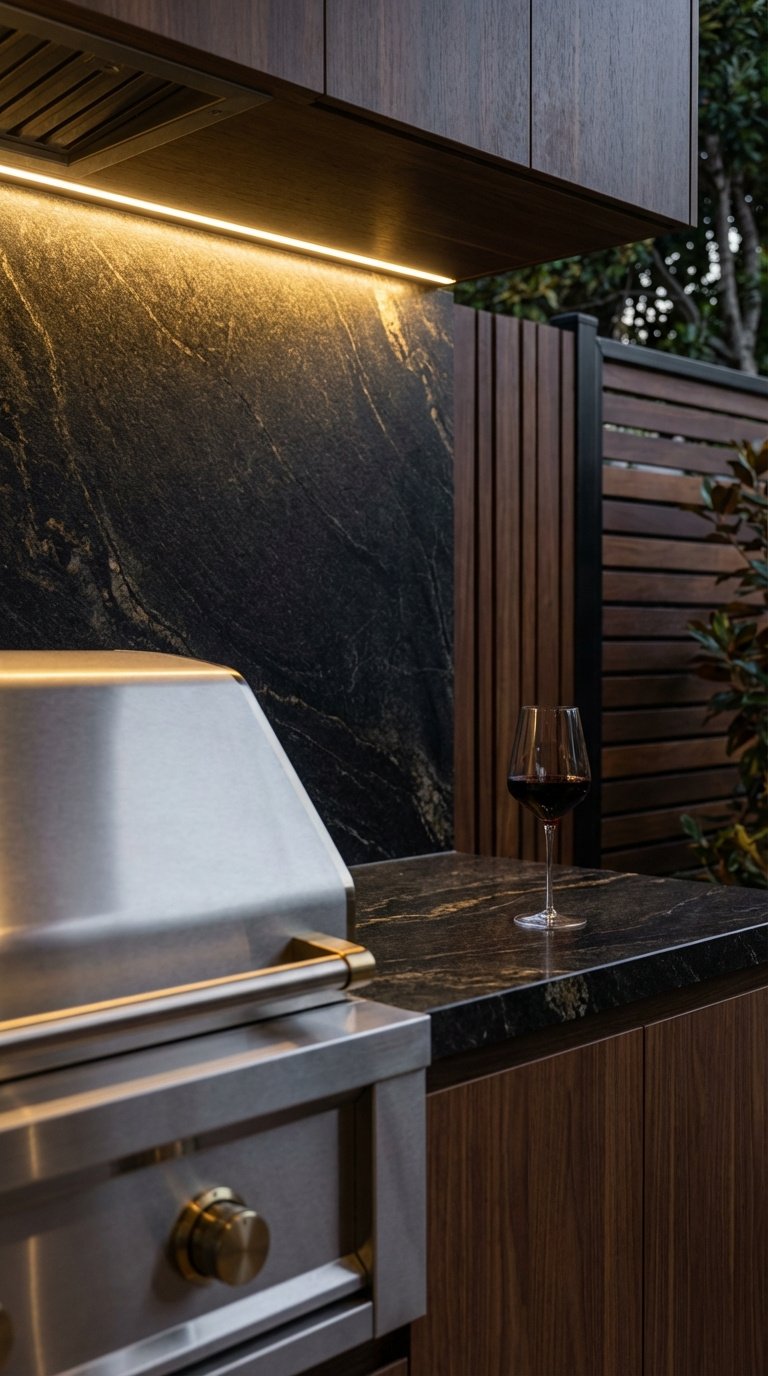 Outdoor Kitchen Tile Backsplash Ideas Materials And Installation Guide 11 Polished black granite slab backsplash creating seamless look behind grill with wine glass on counter