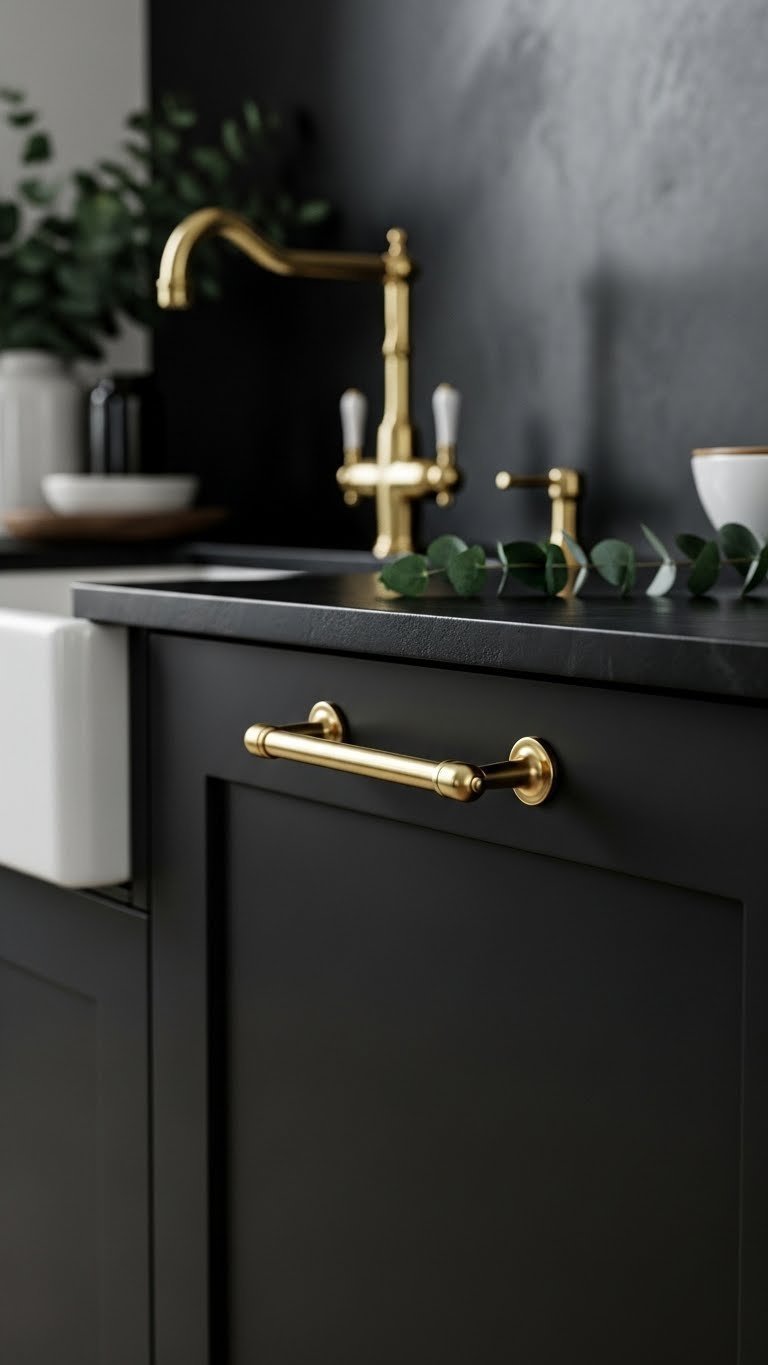 Polished brass cabinet pulls and tapware contrast sleek matte black cabinets. Luxurious dark kitchen hardware detail with green eucalyptus.