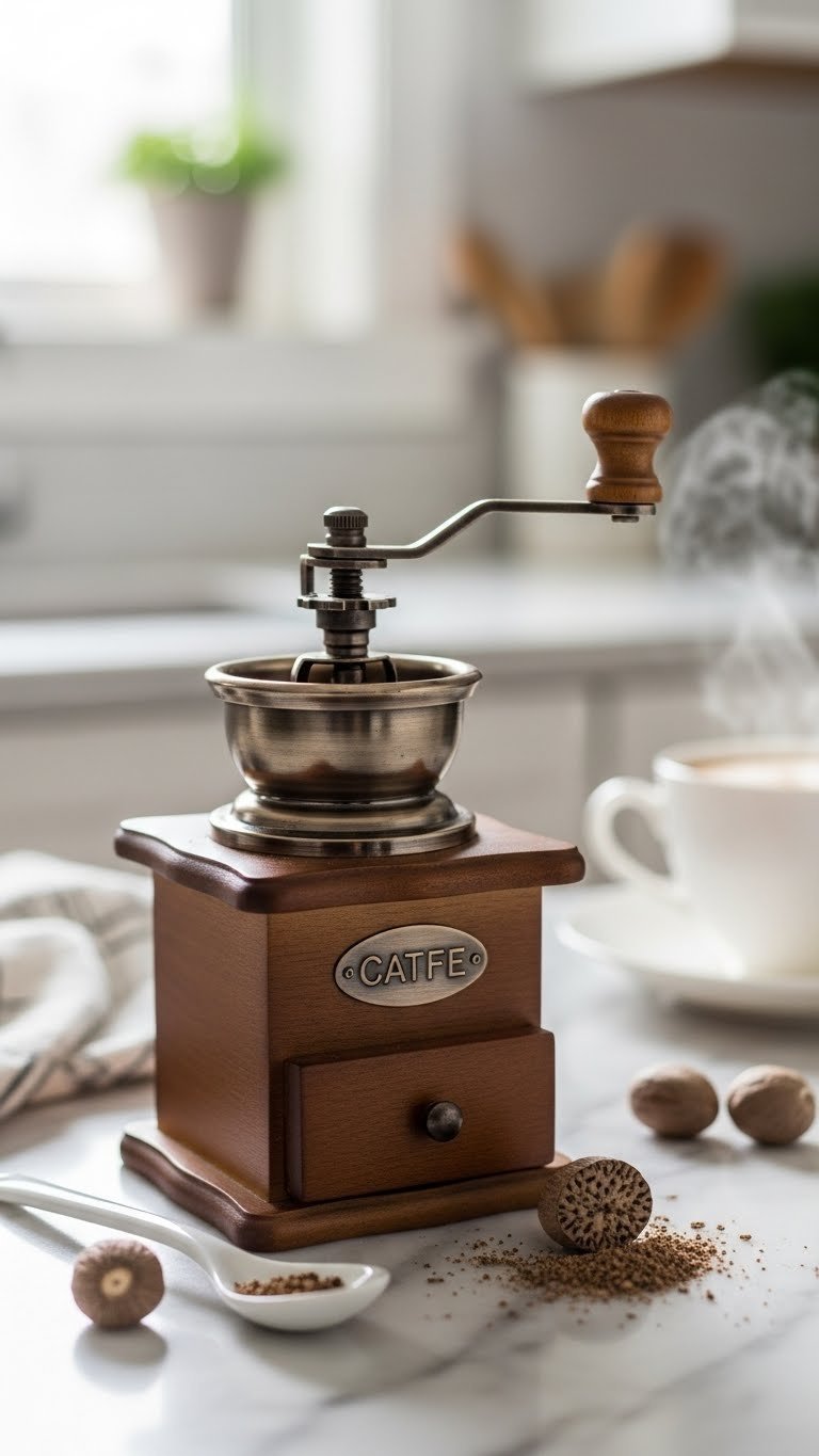Polished brass nutmeg grinder on marble countertop with fresh grated spice and coffee steam rising