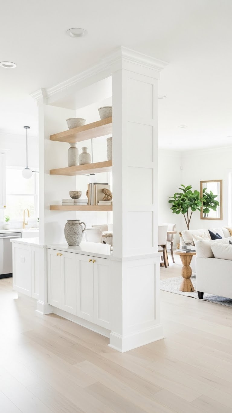 Pony wall or open shelving divides open kitchen living room. Visual separation. Minimalist, whites & woods.