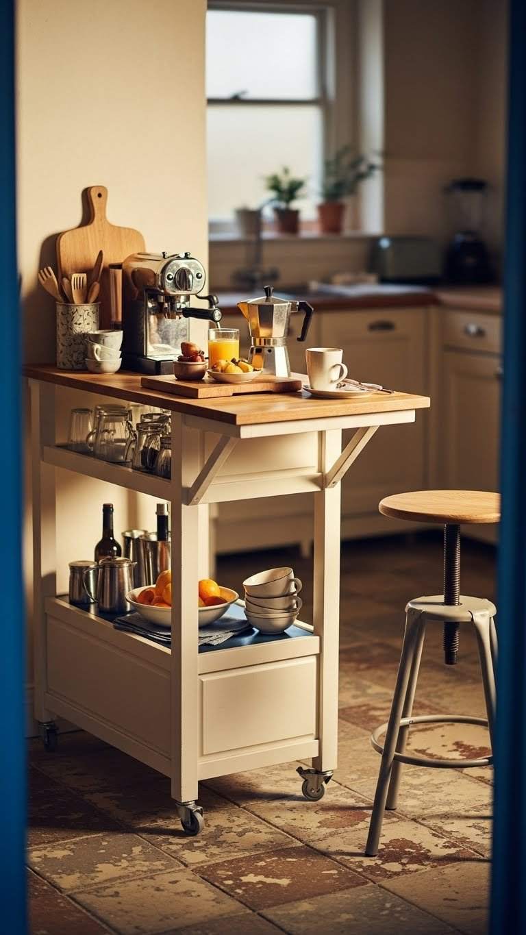 7 Essential Small Kitchen Ideas With Breakfast Bar 13 Portable bar cart transformed into multifunctional breakfast bar with coffee machine and compact stool in eclectic kitchen.