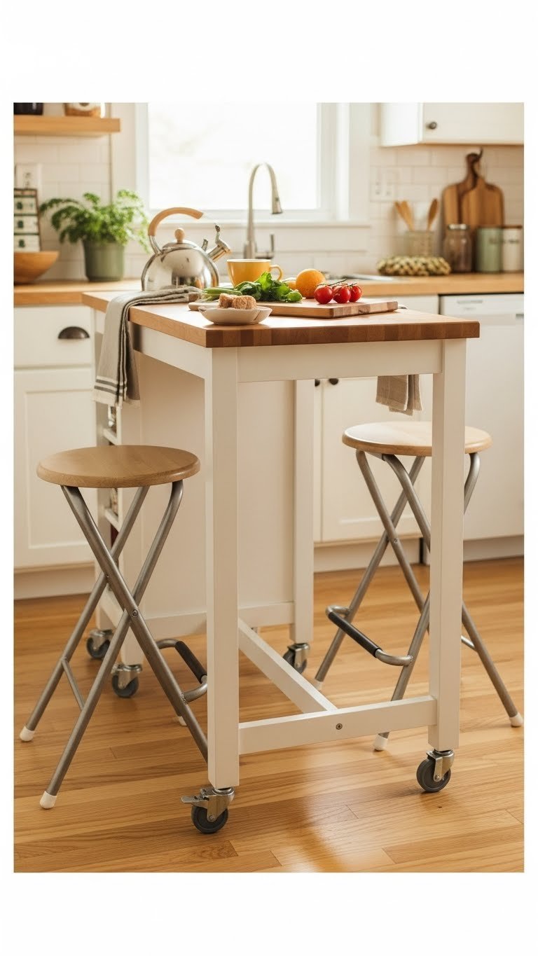 Small Kitchen Peninsula: 7 Genius Designs For Limited Space 9 Portable kitchen peninsula on wheels with butcher block top and locking casters in adaptable small kitchen
