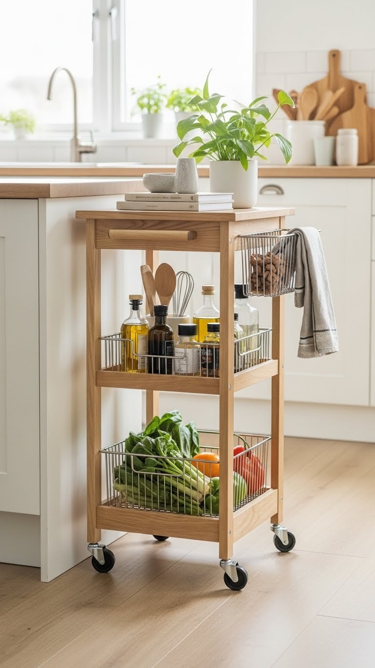 Portable kitchen storage cart on wheels holding gadgets and produce in modern kitchen