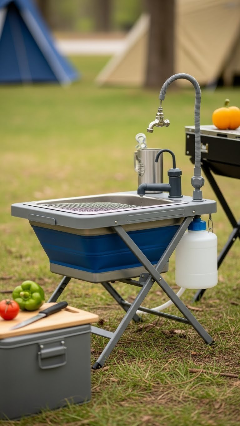 Portable outdoor sink with collapsible frame and manual faucet shown in natural campsite setting with camping utensils