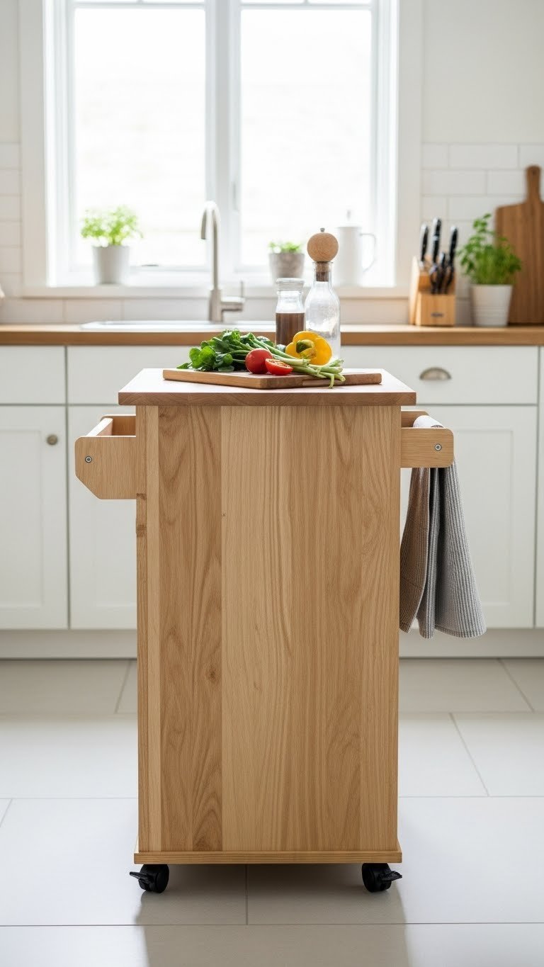 Portable rolling kitchen island with casters and butcher block top featuring fresh vegetables and cutting board setup
