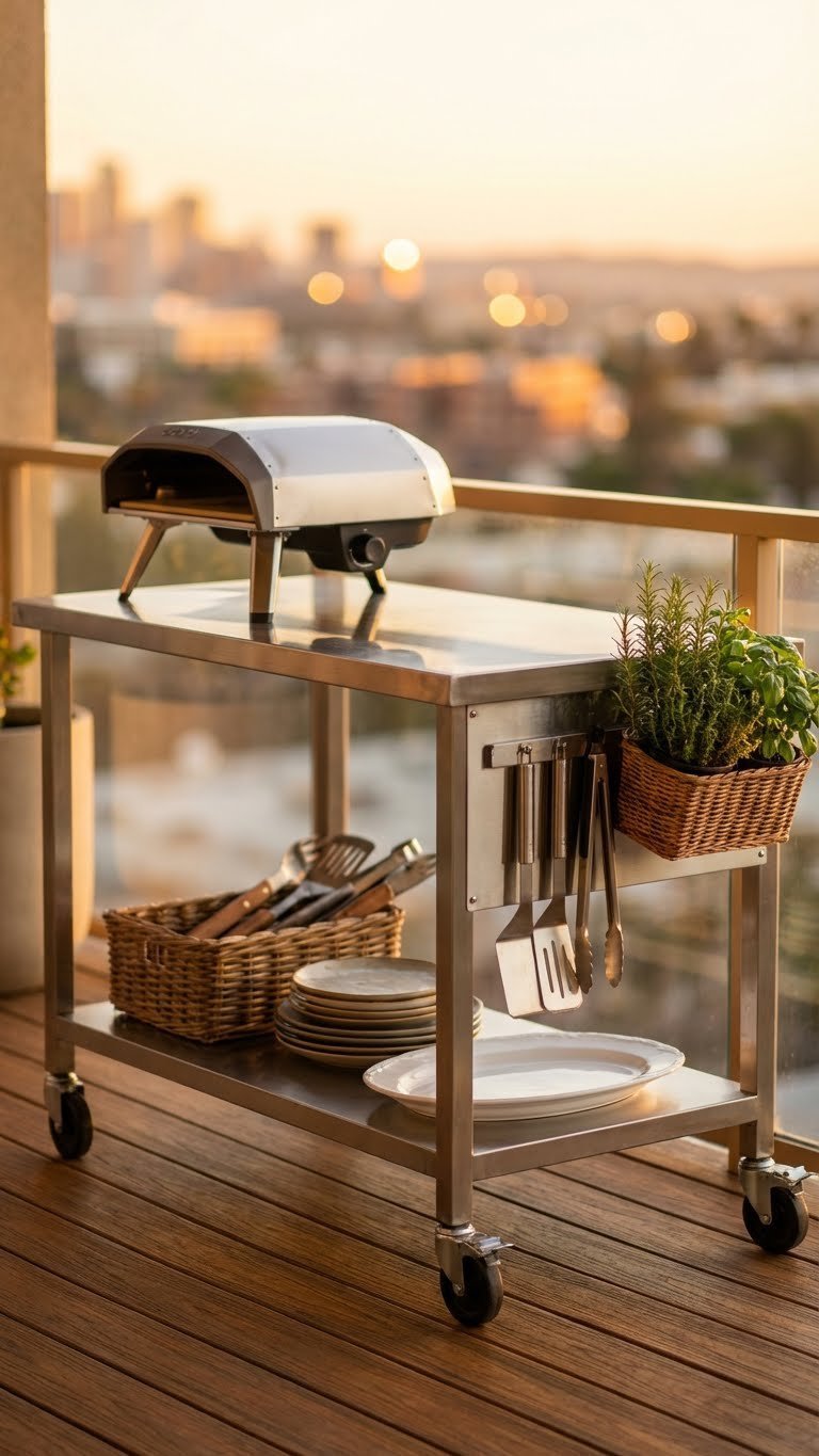 Outdoor Kitchen Island Ideas For Small Spaces With Seating 3 Portable stainless steel outdoor kitchen cart with grill and accessories on urban balcony with city view