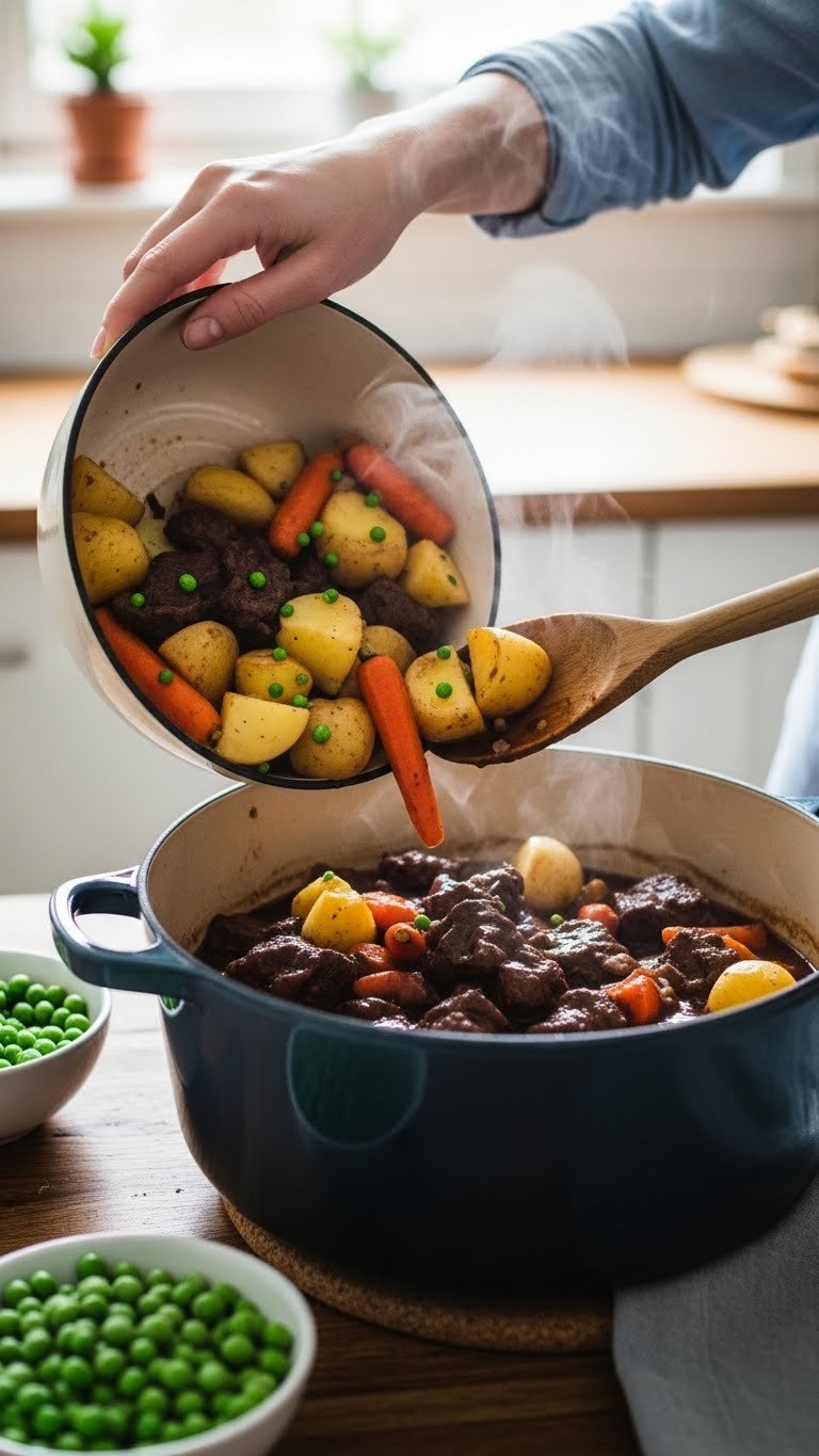 The Secret To A Melt In Your Mouth Venison Stew Recipe 11 Potatoes and carrots added to venison stew in Dutch oven