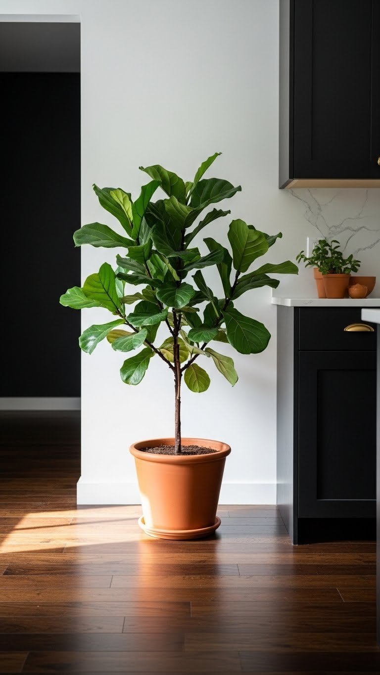 Potted fiddle leaf fig in terracotta pot on dark wood floor, next to matte black kitchen cabinet, vivid green.