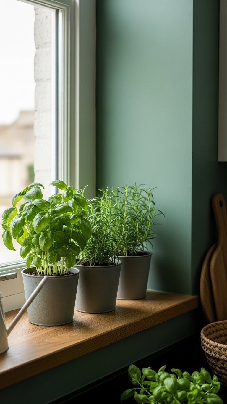 Potted herbs (basil, rosemary) on a wooden sill against a dark sage green wall. Fresh, natural kitchen decor.