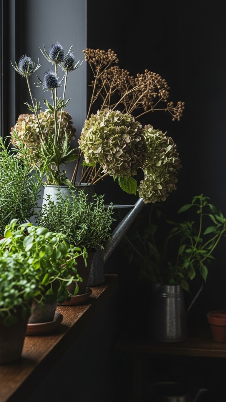 Potted herbs & dried botanicals on dark windowsill. Nature-inspired decor enhances charming dark cottagecore kitchen.