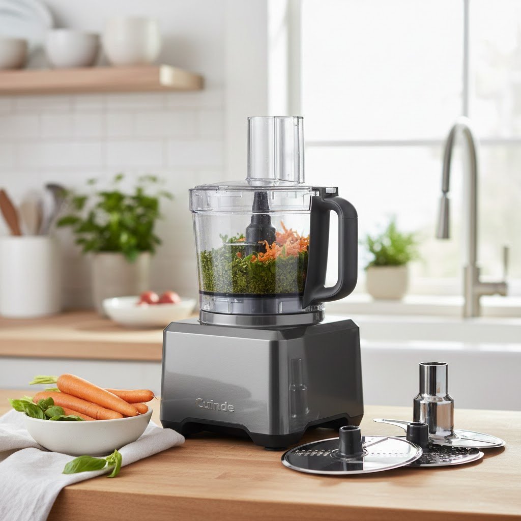 Powerful food processor actively chopping vibrant vegetables with blades arranged on wooden butcher block.