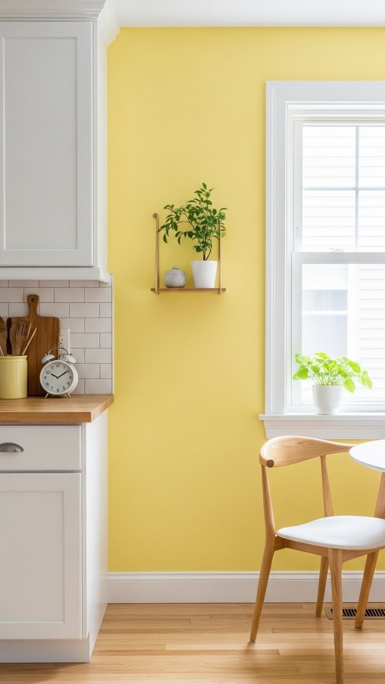 Primrose yellow kitchen wall with white trim, floating shelf with plant, and light wood flooring expanding natural light