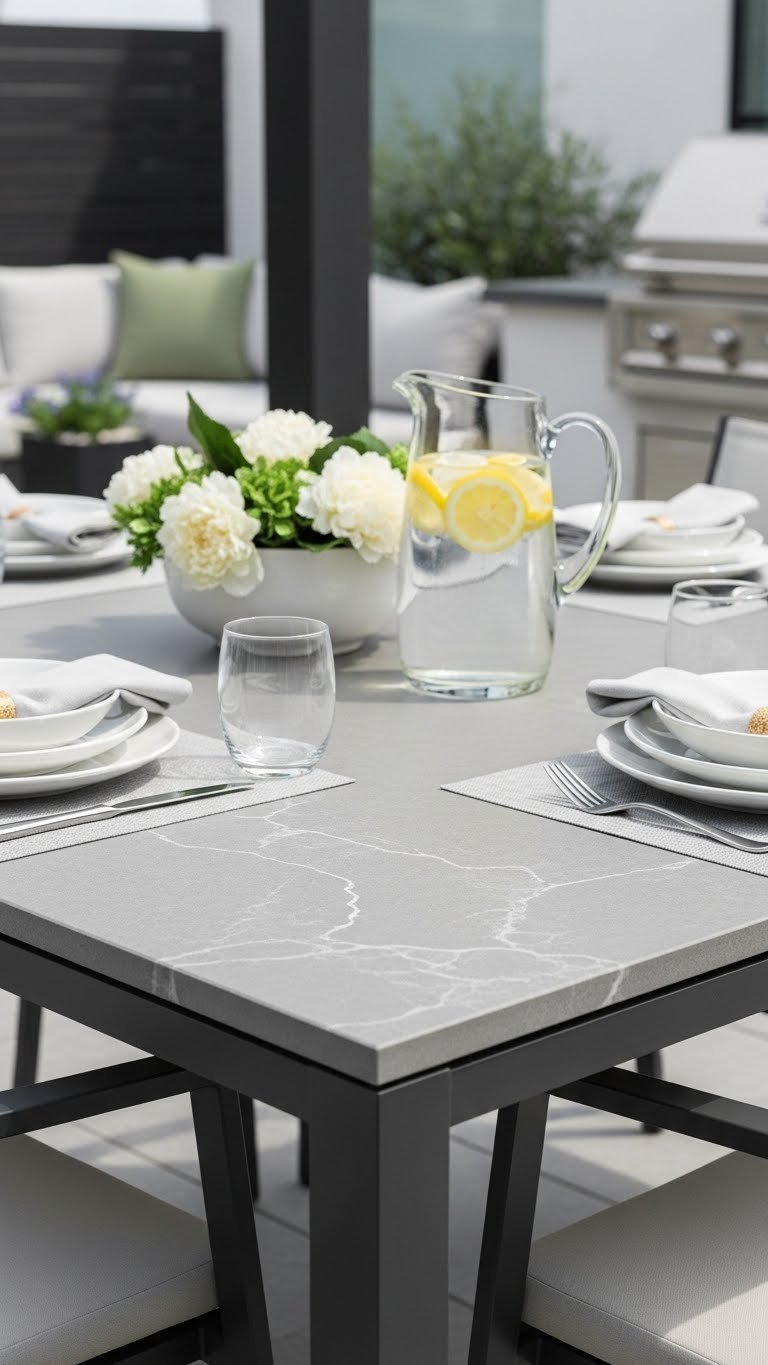 Outdoor Kitchen Countertops: Ultimate Guide To Durable Options 11 Pristine grey outdoor-rated quartz countertop with consistent color in sophisticated dining area