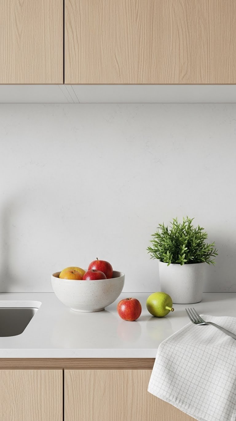 Pristine light grey quartz countertop in Scandinavian kitchen with ceramic bowl and small succulent plant