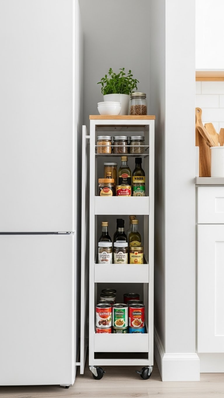 Diy Kitchen Pantry Ideas: 7 Essential Storage Solutions 7 Pristine slim rolling pantry cart tucked between a refrigerator and wall, showcasing space-saving organization with spices.