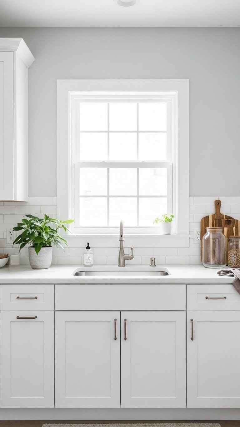 Pristine white cabinets and light gray walls with natural wood accents in minimalist windowless kitchen